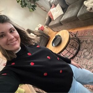 Milano Black Sweater with Red Strawberry Accents